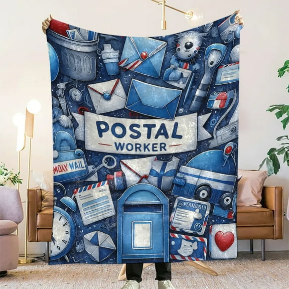 Postal Worker Theme Flannel Fleece Blanket - Contemporary Style, All Seasons, Digital Print, Knitted Craftsmanship, Soft Cozy Throw for Naptime