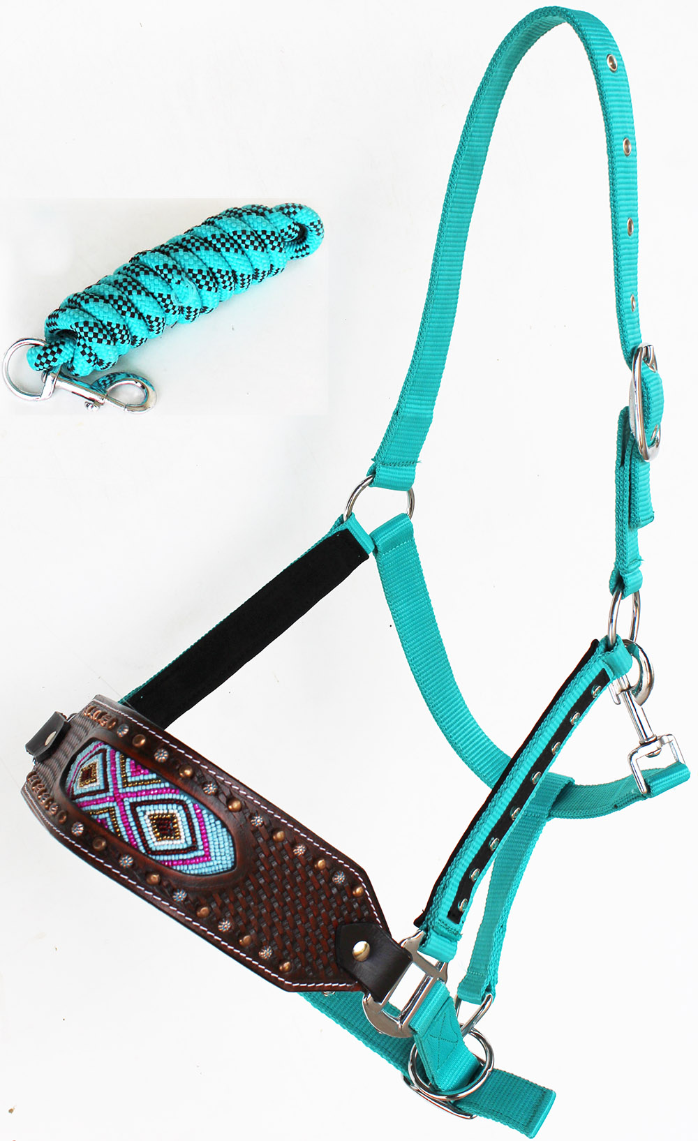 Bronc Noseband With Green Turquoise Conchos