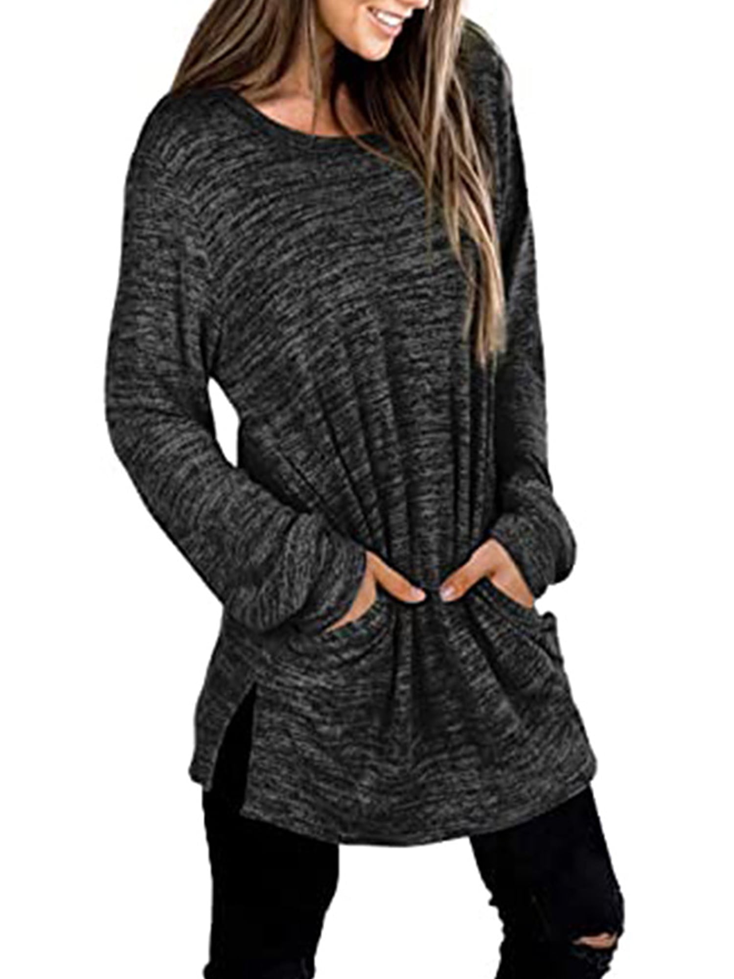 N\C Women's Casual Long Sleeve Tops Crew Neck Sweatshirt Side Split Pullover Jumper Blouses T-Shirt Tunic Tops 