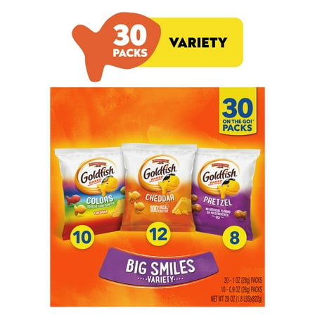 Goldfish Crackers Big Smiles with Cheddar, Colors, and Pretzel Crackers, Snack Pack, 30 Count Variety Pack Box