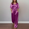 thumbnail image 2 of MDUKONU Women's Satin 2-Piece Set - V-Neck Wrap Tie Top & Cropped Wide Leg Pants Purple M, 2 of 8