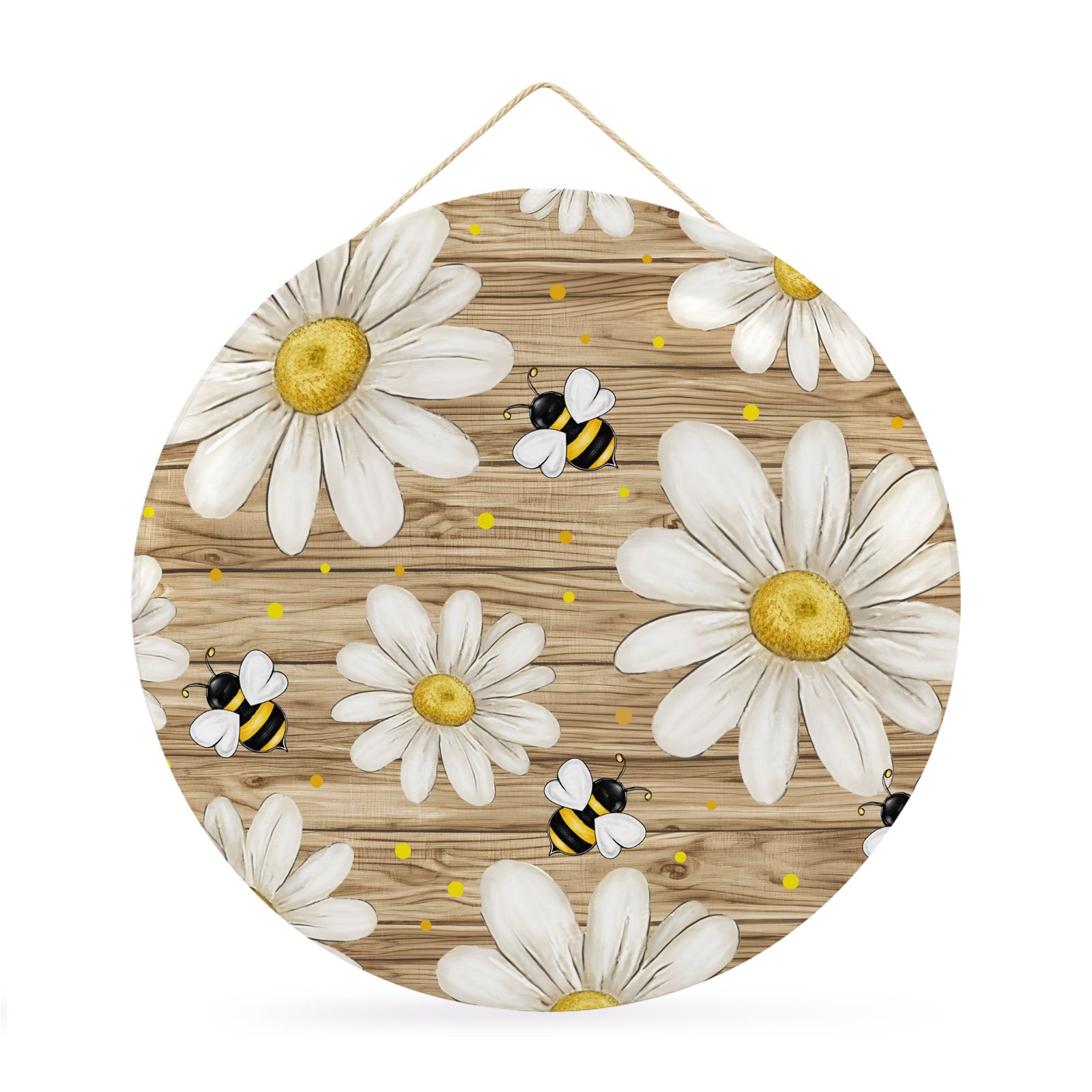 Welcome Sign Front Door Decorations White Daisy Farmhouse Round Wall Art Outdoor Metal Wreaths Garden Floral Honeybees Wooden Seasonal Hanging Sign for Home Porch Decor Warming Gift 12 In