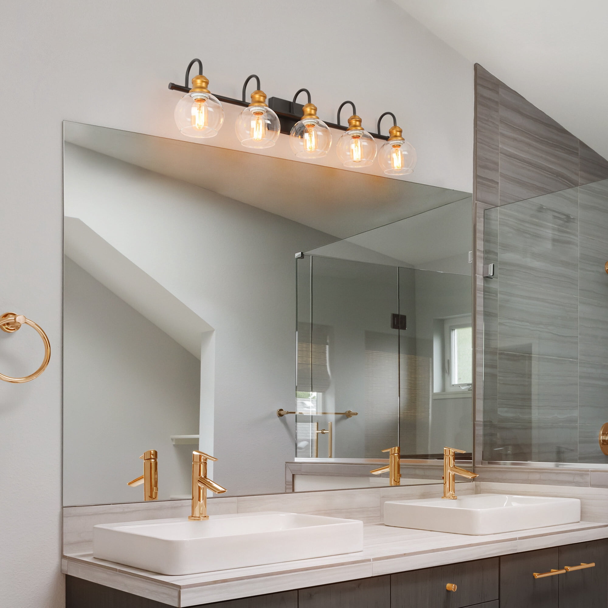 LNC 5-Light Black Round Clear Glass Shade Modern Bathroom Vanity Light