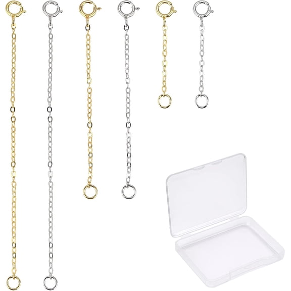 6Pcs 3 Size 925 Sterling Silver Chain Extender with Clasps & Curb Chains Necklace Extenders Necklace Bracelet Anklet Extension Link Chains