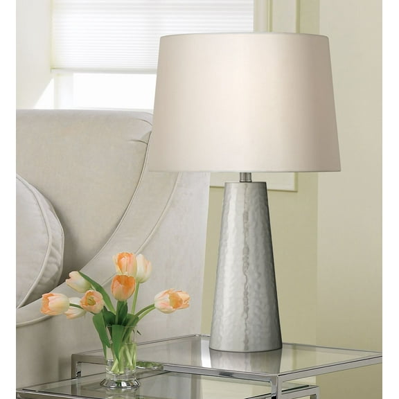 360 Lighting Modern Table Lamp 25 3/4" High Silver Leaf Hammered Metal Off White Fabric Drum Shade for Bedroom Living Room House Home Bedside Office