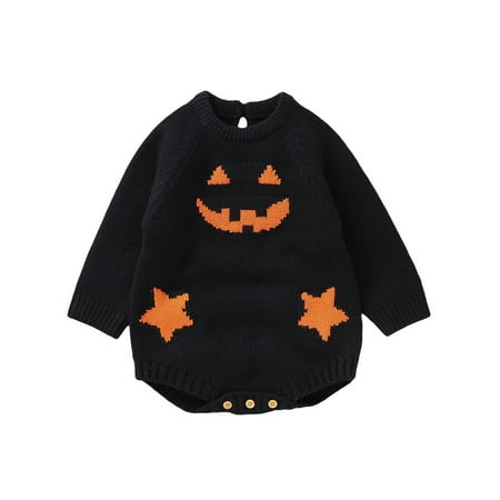 

Wallarenear Baby Girl Boy Halloween Sweater Romper Knitted Pumkin Onesies Bodysuit Outfits