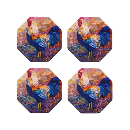 

Tebeau Rooster Oil Painting Print Set of 4 Leather Drink Coasters Round Cup Mat Pad for Home and Kitchen Use 4 -Octagon