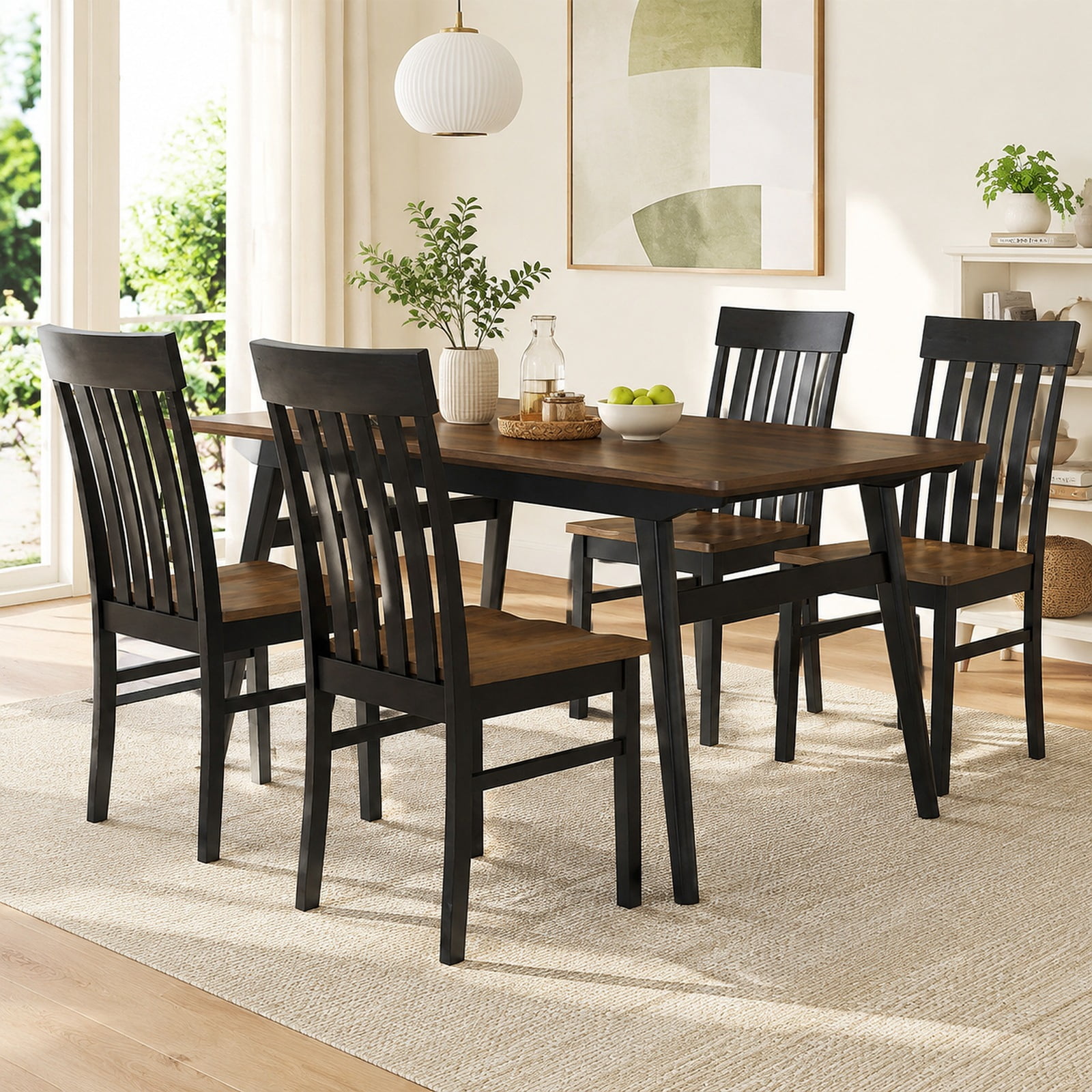 Furnibear Wooden Dining Chairs Set of 2 Armless Kitchen Chairs with Slatted High Backrests and Rubber Wood Legs for Dining Room, Black