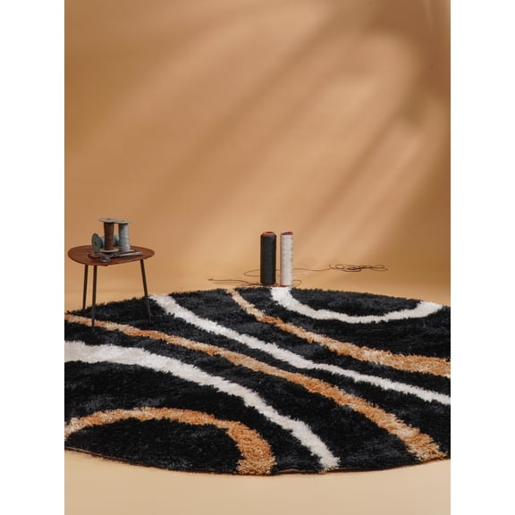 Rugsotic Carpets Hand Tufted Shag Polyester Eco-Friendly 8'x8' Area Rugs Round Black Geometric Modern High Pile Thick Handmade Anti Skid Indoor Rug for Living Room, Bedroom K00002