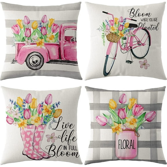 Tulip Pillow Covers 18x18 Spring Summer Pillow Covers Pink Floral Throw Pillow Covers Cushion Covers Square Pillow Cases for Couch Sofa Patio Outdoor Home Decorations(18 Inch)
