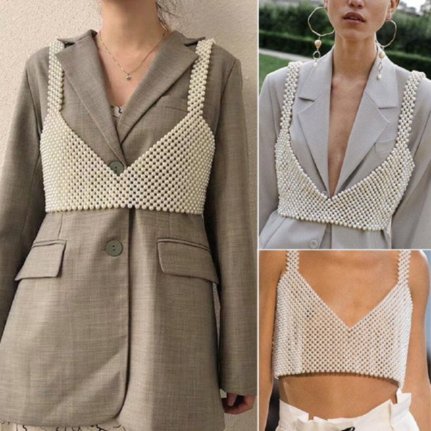 JinLinly Women Crochet Pearl Vests Bralette Bra Lingerie Short Tanks Pearls  Beading Top Lady Beaded Strappy 