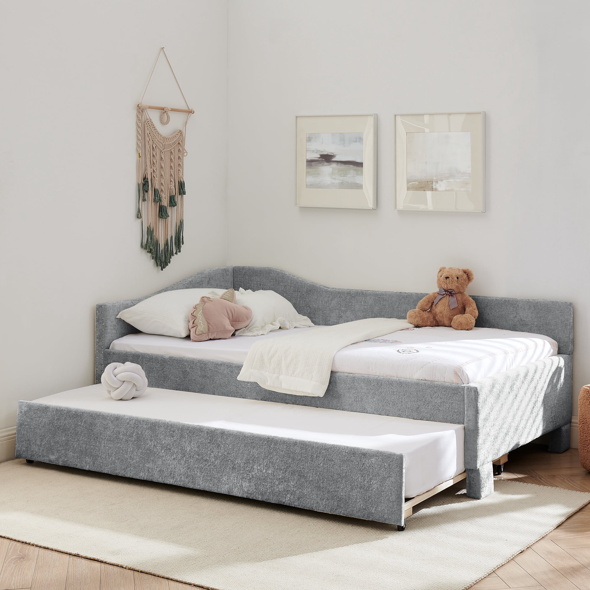 Twin Size Daybed,Chenille Upholstered Daybed with Pull-Out Trundle & Built-In USB Charging Port,2-in-1 Space Saving Sofa Bed for Guest Room,Small Space,Grey