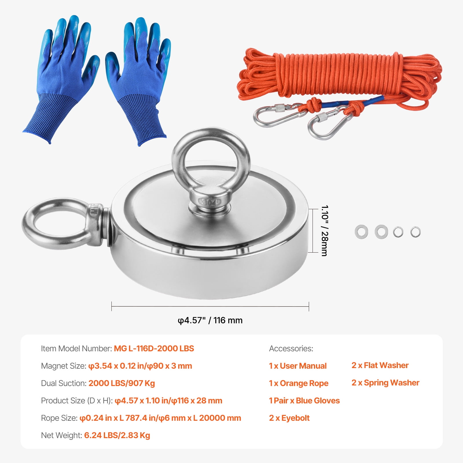 VEVOR Magnet Fishing Kit, 2000 LBS/907 Kg Double-Sided Pulling Force Strong Magnet Fishing Kit, Rare Earth Neodymium Magnetic Fishing Kit Includes Grappling Hook, Heavy Duty Rope, Gloves and Eyebolt