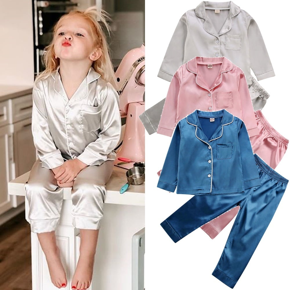 Spring Summer Children Boys Girls Silk Satin Pajamas Pyjamas Kids Child Long sleeve Pjs Set Nightwear 1 7Y