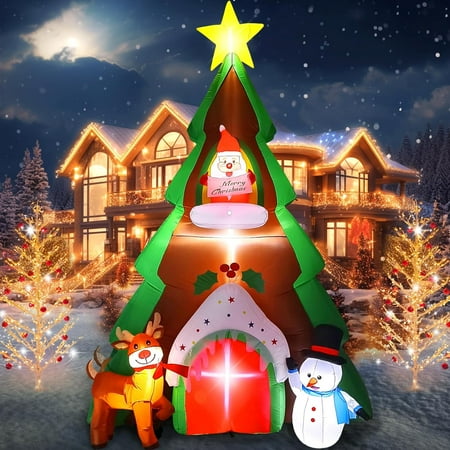 10Ft Christmas Inflatables With Led Light, Christmas Tree House Inflatable With Snowman Santa Claus Blow Up Yard Inflatable Xmas Outdoor Decoration For Christmas Outside Home Interior Decor…