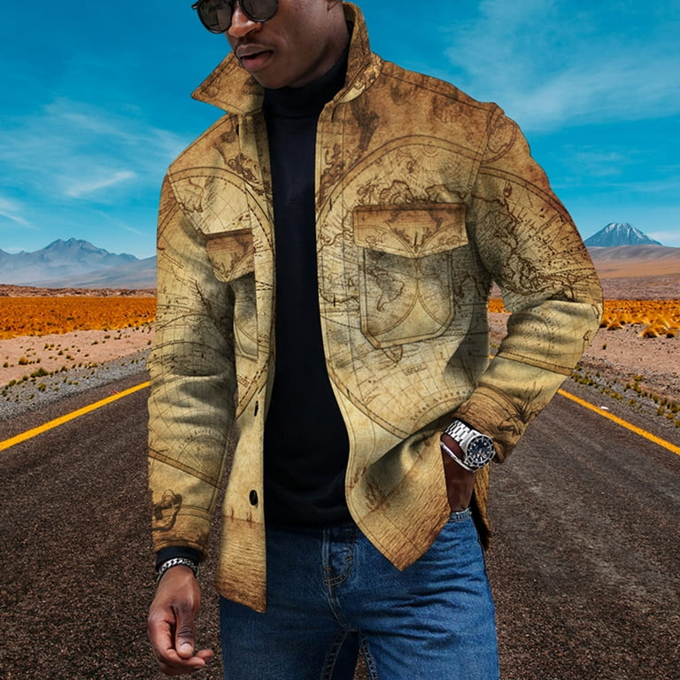 Mens Casual shacket Jacket Lightweight World Map Printed Fall