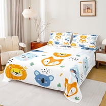 Manfei Teens Fox Lion Full Size Sheets, Plant Botanical Bed Sheets, Cartoon Wildlife Animal Sheet Sets, Breathable Home Decor, 4 Pieces