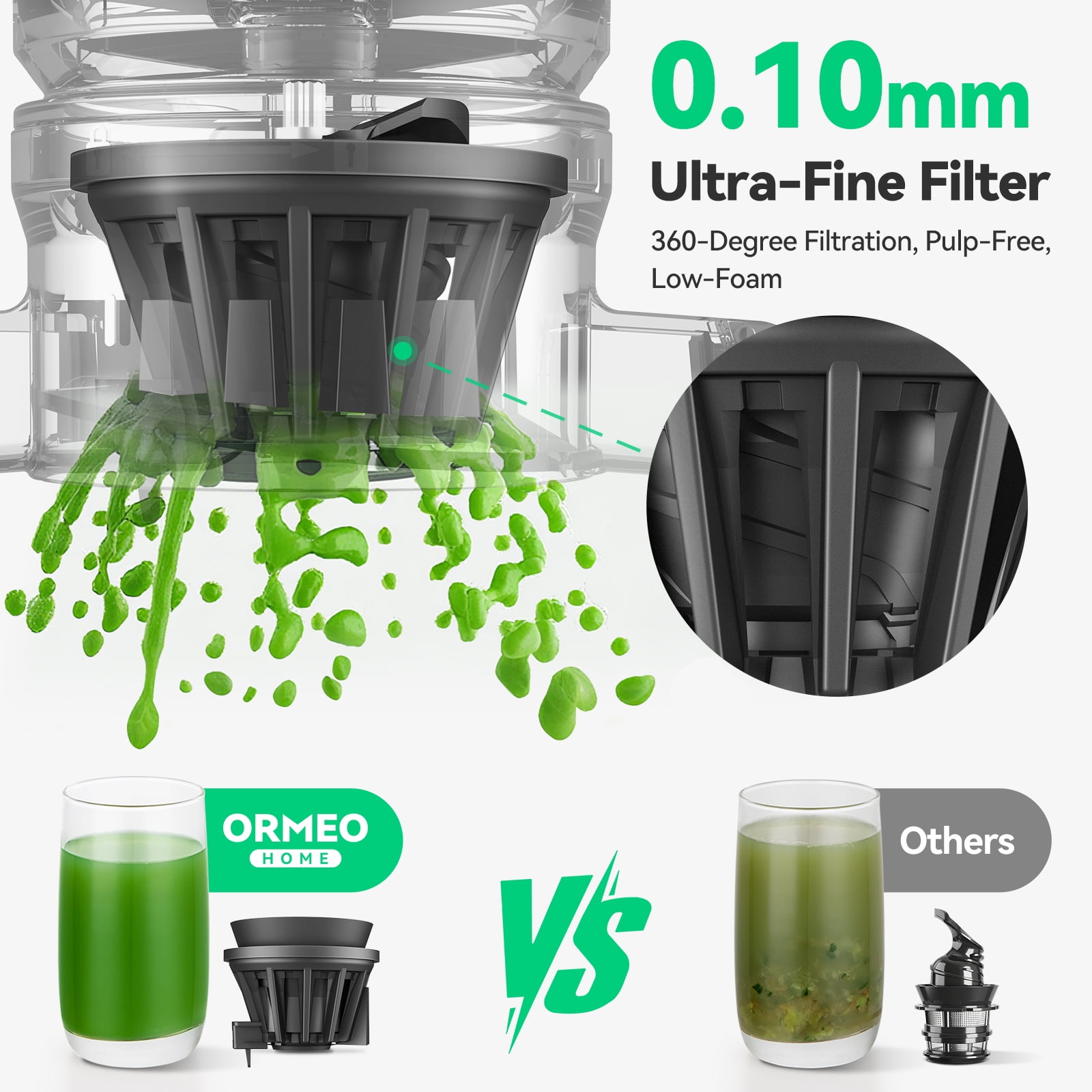 Ormeo Hom Cold Press Slow Juicer with 5.0"Large Feed Chute, Masticating Juicer with Pulp Seperation, 99.6% Juice Purity, Quiet Motor, Easy to Clean, BPA Free