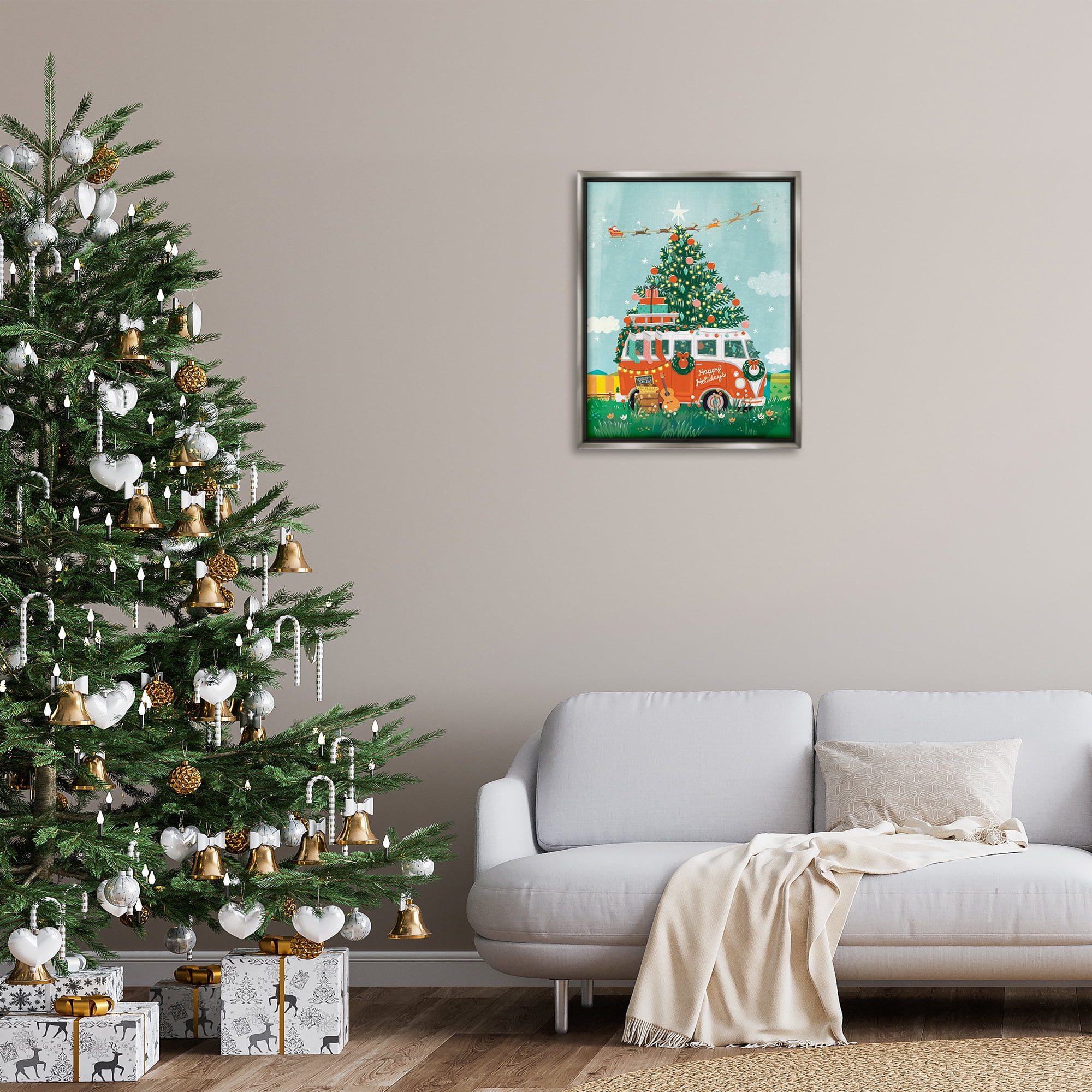 Stupell Industries Christmas Van Hangout Holiday Painting Gray Floater Framed Canvas Art Prints Wall Art, 25 x 31