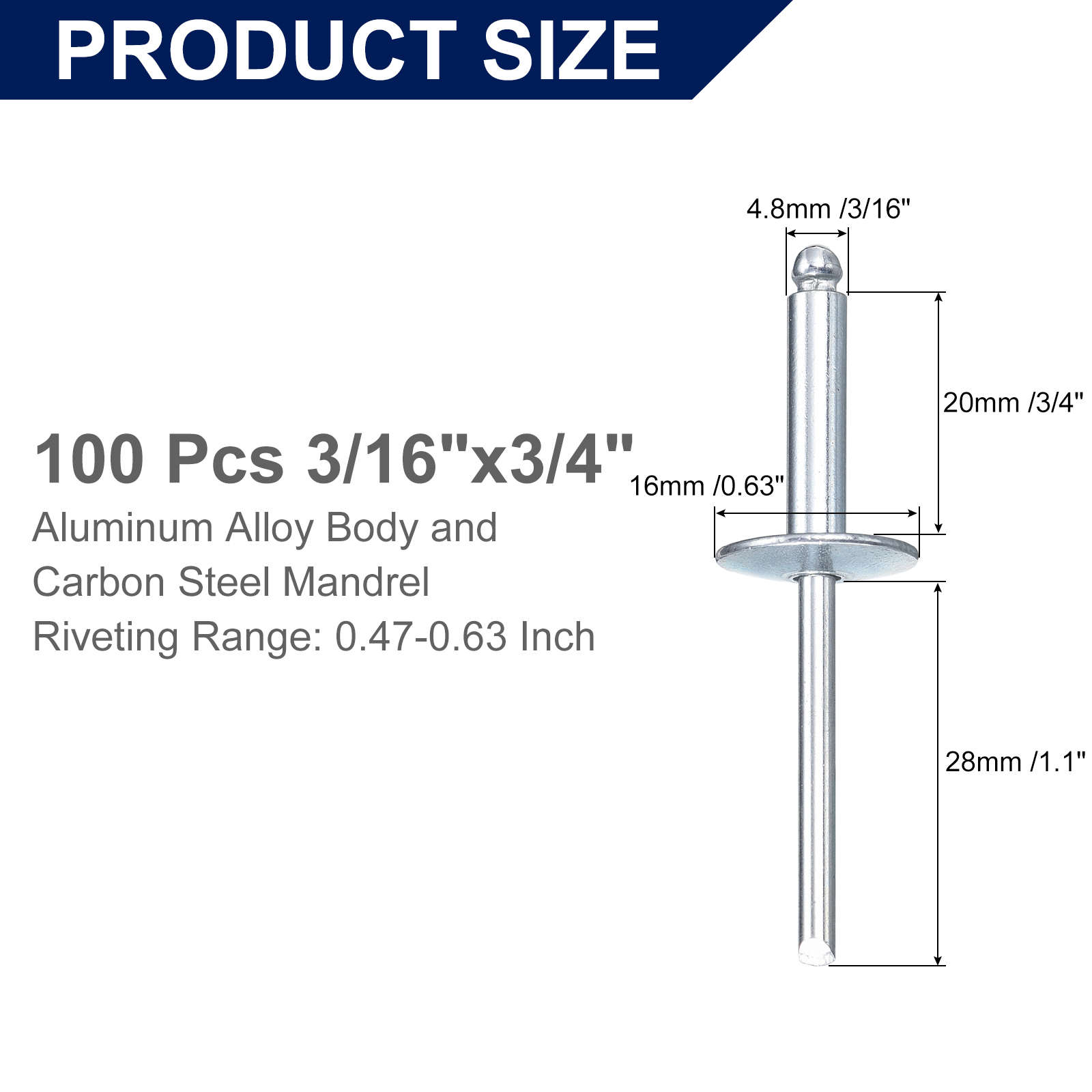 Uxcell 100-Pack 304 Stainless Steel Blind Rivets – 4.8mm Diameter X 9mm Grip Length, Close End, Silver Tone, For Building, Ships, Furniture
