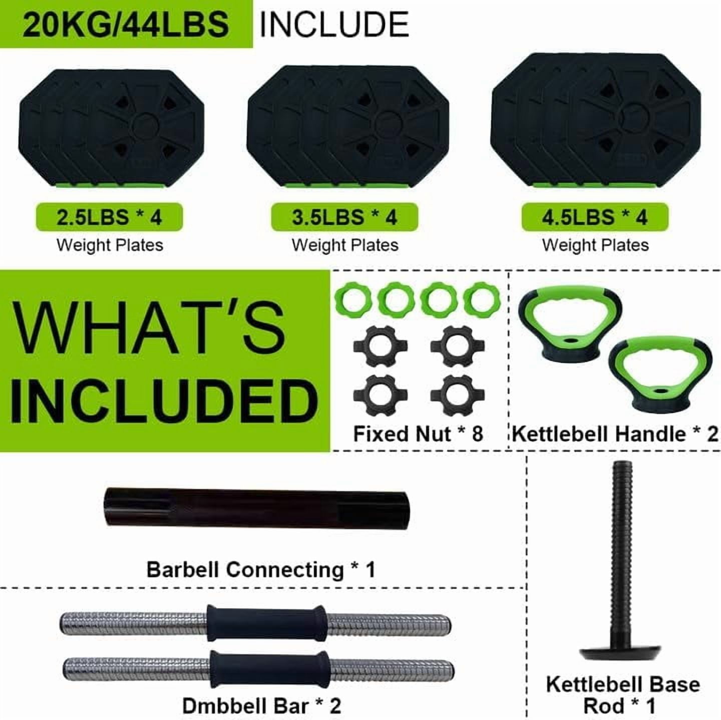 Adjustable Kettlebell Set, 4 in 1 Adjustable Dumbbell Set,44lbs Weight Set with Iron Handle Used as Kettlebells, Barbell, Push up Stand for Home Gym,Octagon,44LBS