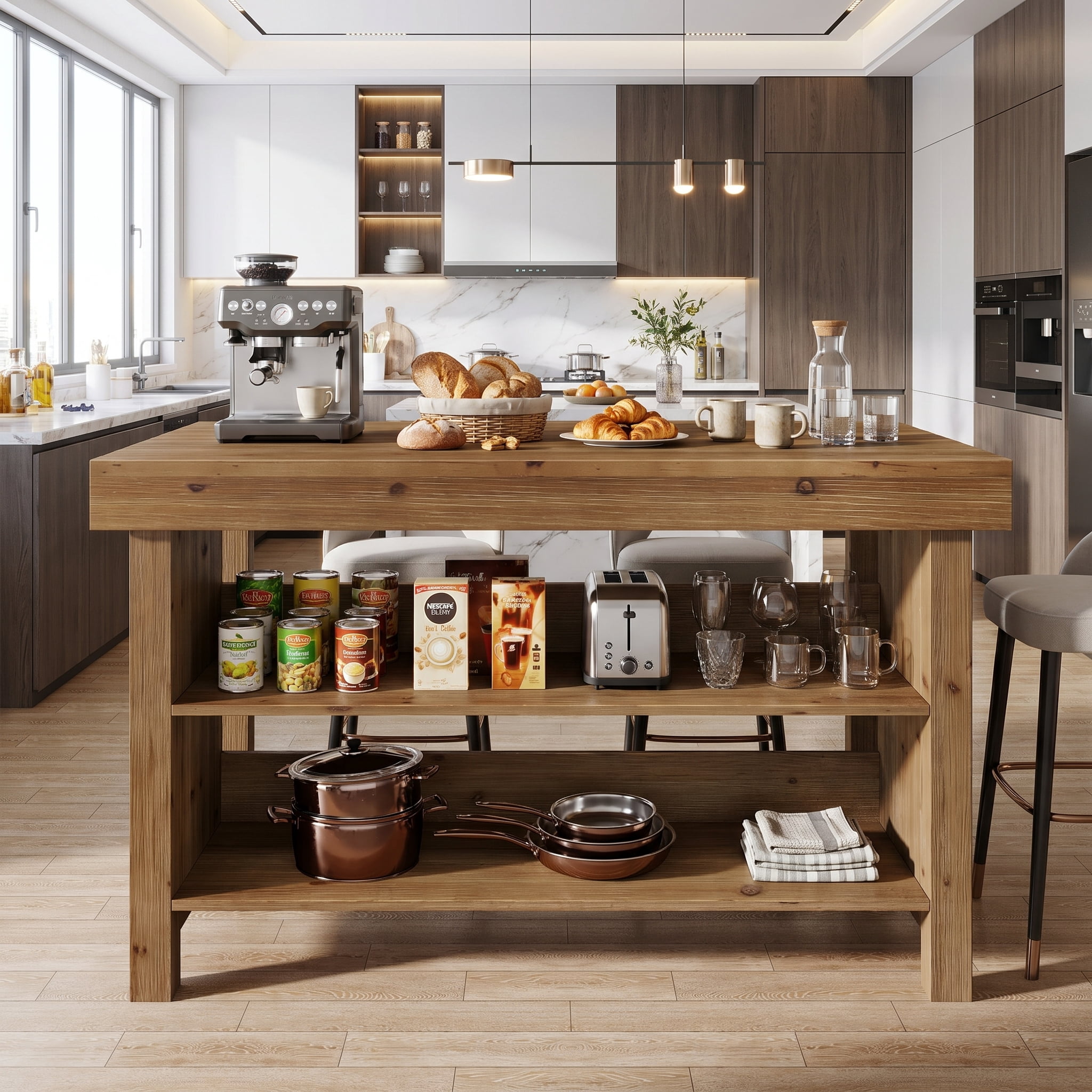 Fnova 55" 3-Tier Solid Wood Kitchen Island with Storage Shelf, Farmhouse Wooden Stationary Island Table with Large Worktop for Kitchen, Dining Room, Brown