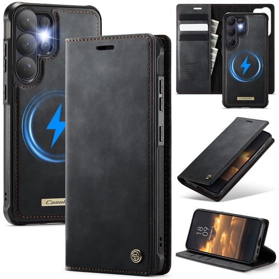 Moreoy Detachable Magnetic PU Leather Flip Wallet Case for Samsung Galaxy S26 Ultra, RFID Blocking Card Slots Cash Holder, Compatible with Magsafe, Shockproof 2 in 1 Phone Cover,Black