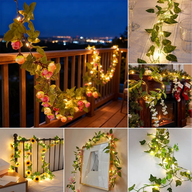 mfyjkho Guirnalda de hojas de olivo LED con luces blancas cálidas, vegetación artificial a pilas para decoración de interiores, exteriores, hogar, bodas, 1 unidad
