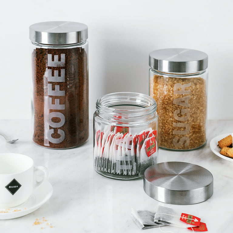 Black Tea Coffee Sugar Canister Sets Kitchen Storage Choice of Lid Colour  and Wording 