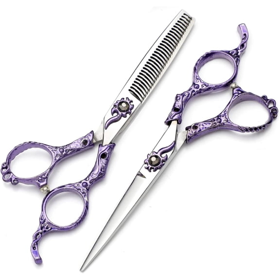CNV Professional 6-Inch 440C Japanese Stainless Steel Hair Cutting Shears Set, Elegant European Retro Engraved Scissors for Salon and Home, Precision Thinning and Styling Kit with Case, Purple