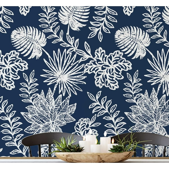 S4Sassy Tropical Leaf Wallpaper Blue Wall Covering, 25" x 120" Self-Adhesive Vinyl Wallpaper, Decorative Wall Wrap, Easy DIY Decor For Bedroom, Living Room, Cabinets, Living Spaces