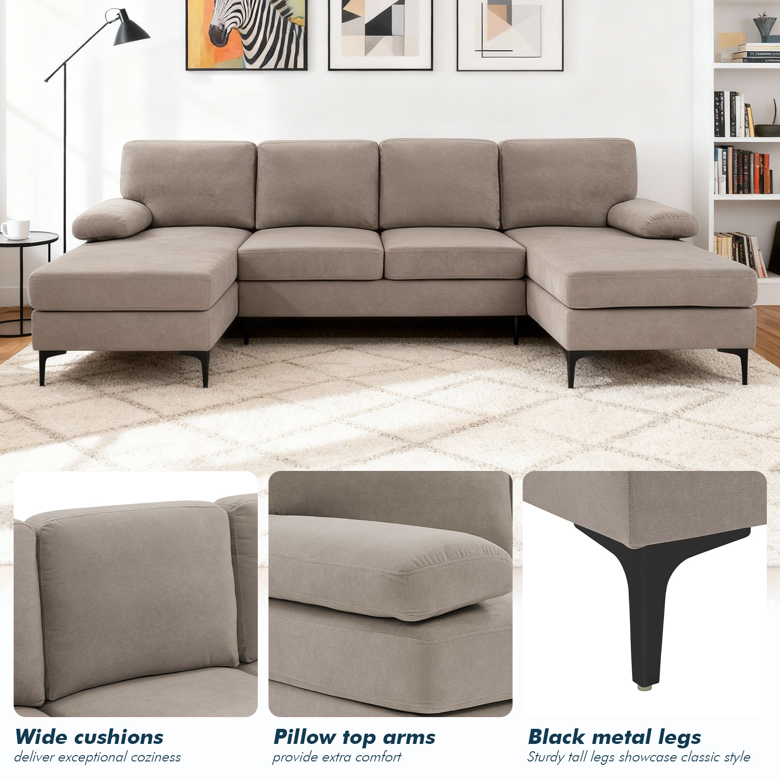 MOONMISS U-Shaped 4 Seats Sectional Sofa with Chaise for Living room, Brown