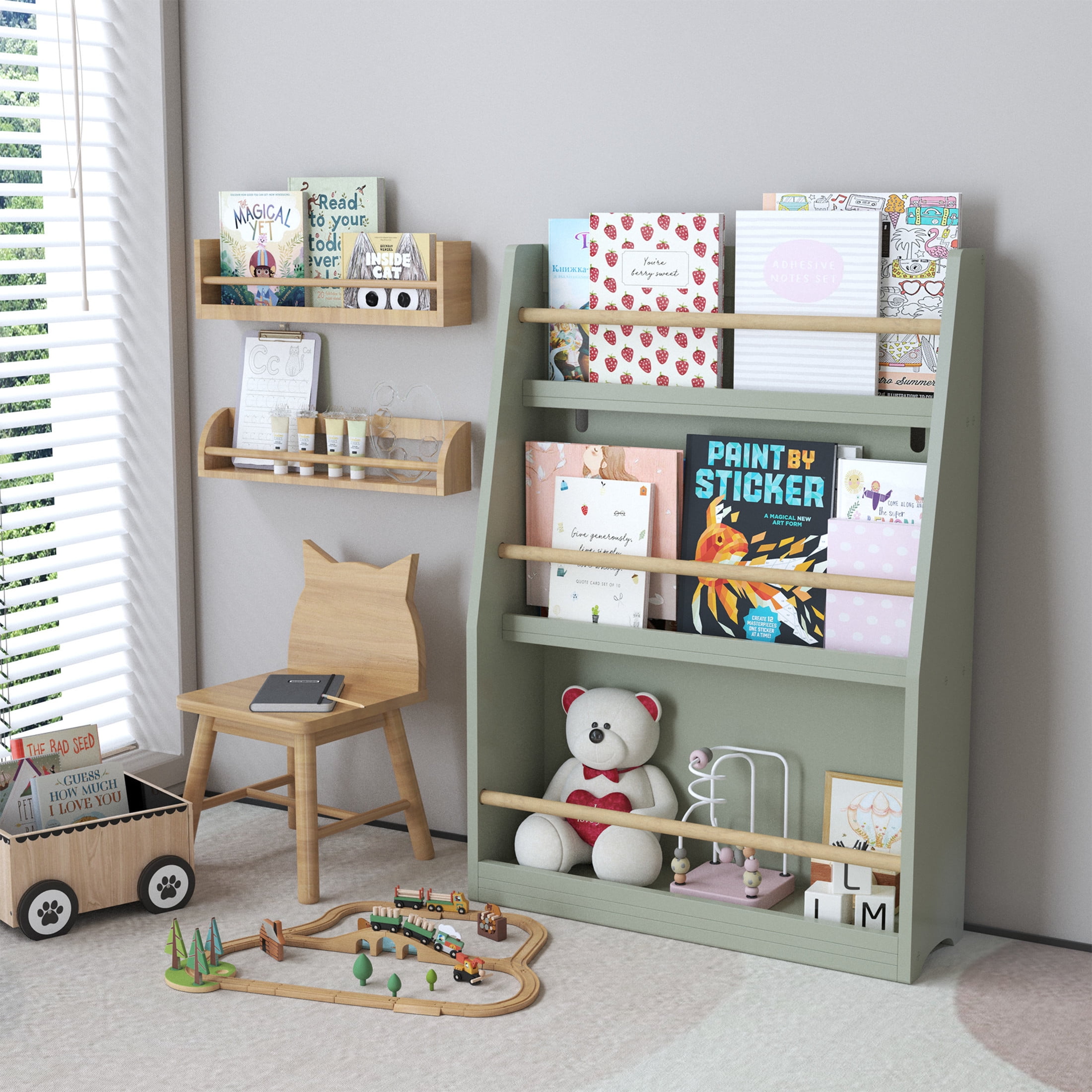 Noble House Sage 3-Tier Kids Book Shelf, Front-Facing Toddler Book Rack for Bedroom, Playroom or Nursery, Sage