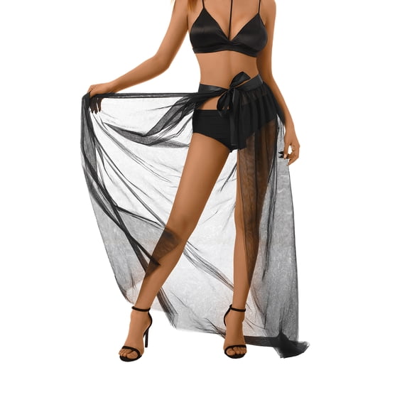 Listenwind Women's Sheer Tulle Tutu Long Skirt Beachwear Wedding Party Prom Solid Color Lace Up Floor-length Skirts