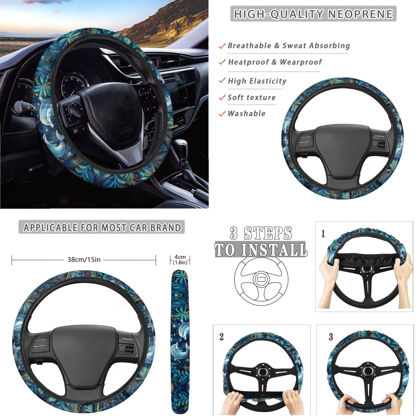 Jeiento Blue Dolphin Car Seat Cover Set with Auto Steering Wheel Cover Seat Belt Strap Protector Cup Holder Trash Bag Gear Shift Knob Cover Set Rear View Mirror Protector Floral Armrest Cover
