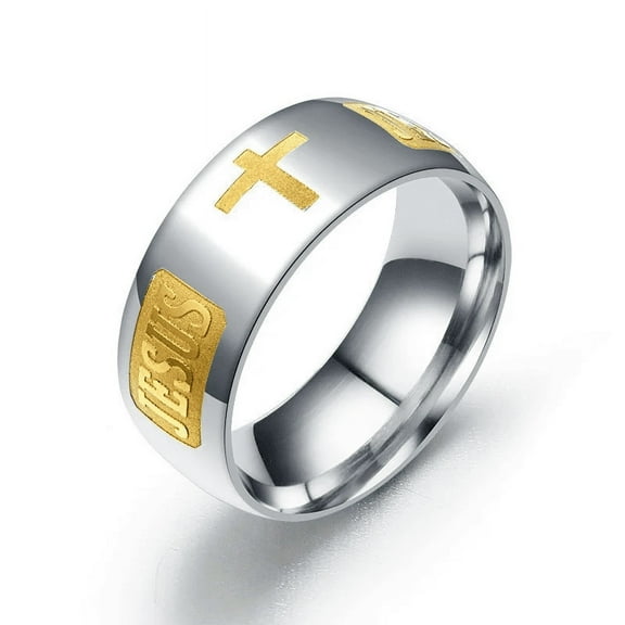 Religious Christian Jesus Cross Ring 8mm 14K White Gold God Save Us Band Rings For Men Women Party Gift