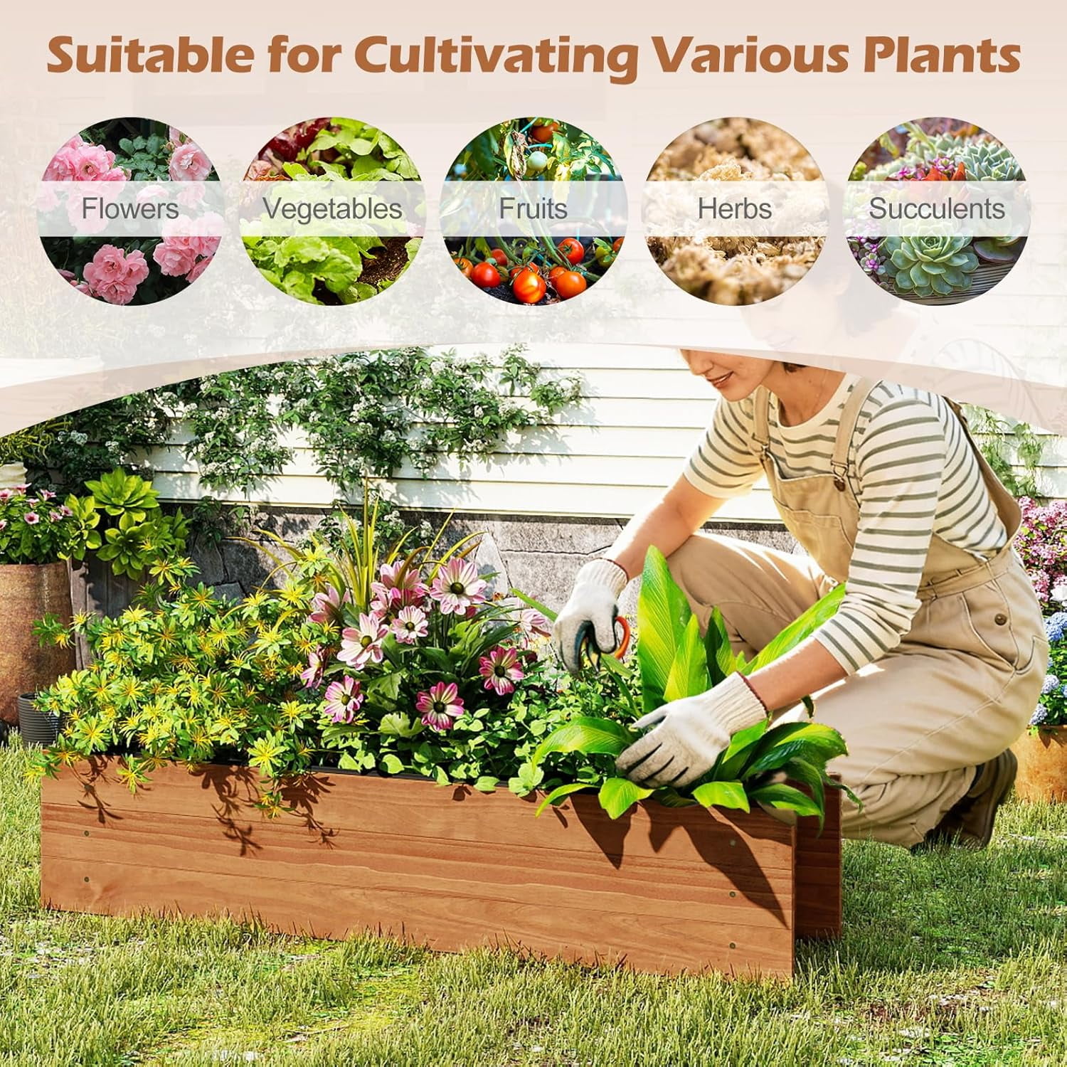 ZMSHOP Raised Garden Bed, 44" x 11" x 10" Wood Rectangle Planter Box with Drainage Holes, Water-Resistant Paint, Decorative Window Box, Outdoor Garden Bed for Fruit Vegetable Flower Herb, Orange