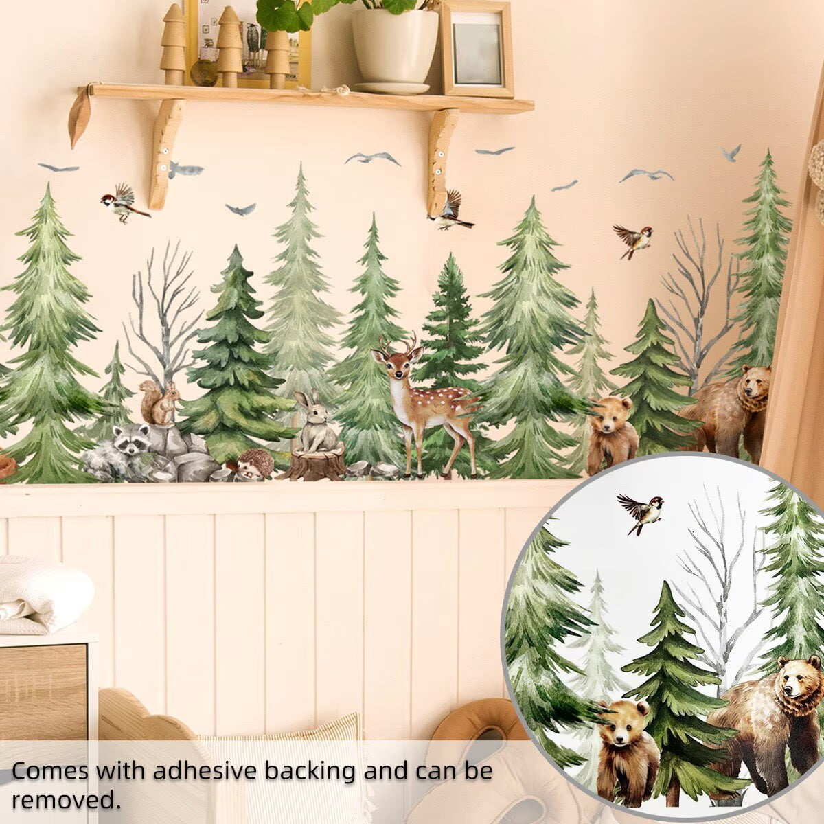 Watercolor Pine Tree Animals Wall Stickers Woodland Forest Tree Fox Deer Bear Wall Decals Peel and Stick Baby Nursery Bedroom Living Room Wall Decor