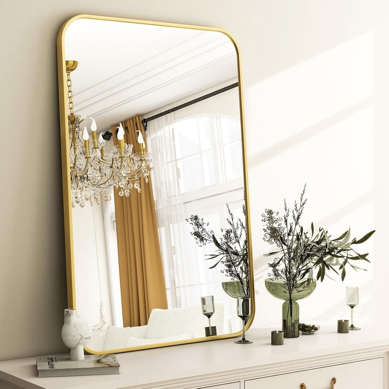 Clarvion 20"x28" Rounded Edge Rectangle Bathroom Mirror Wall Mounted Vanity Mirror,Gold
