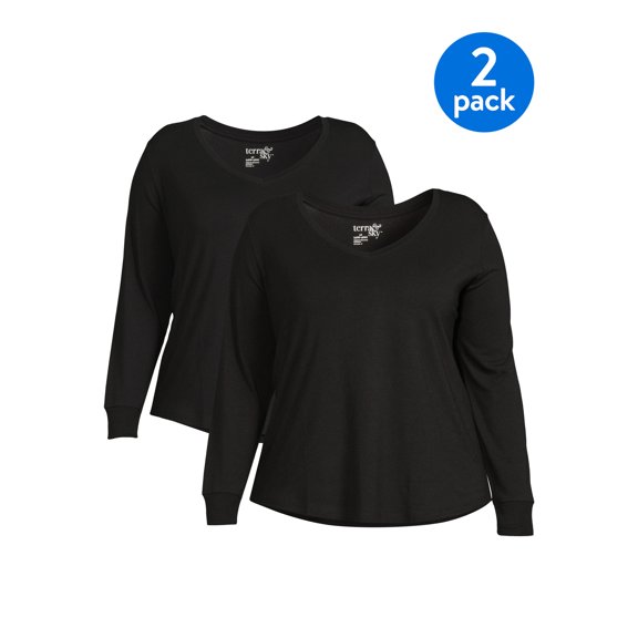 Terra & Sky Women's Plus Size V-Neck T-Shirt with Long Sleeves, 2-Pack