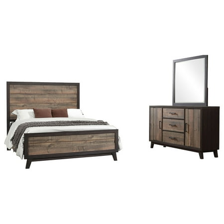 Calista 3 Piece Bedroom Set, King, Rustic Mahogany & Dark Ebony Frame Wood, Rustic (Panel Bed, Dresser &