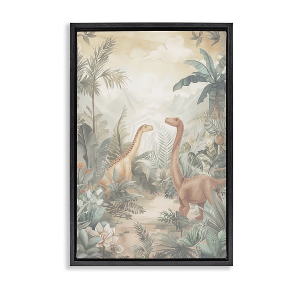 Stupell Industries Coastal Muted Dinosaurs in Jungle Black Floating Frame Canvas Art, 17 x 25, by Ray Powers