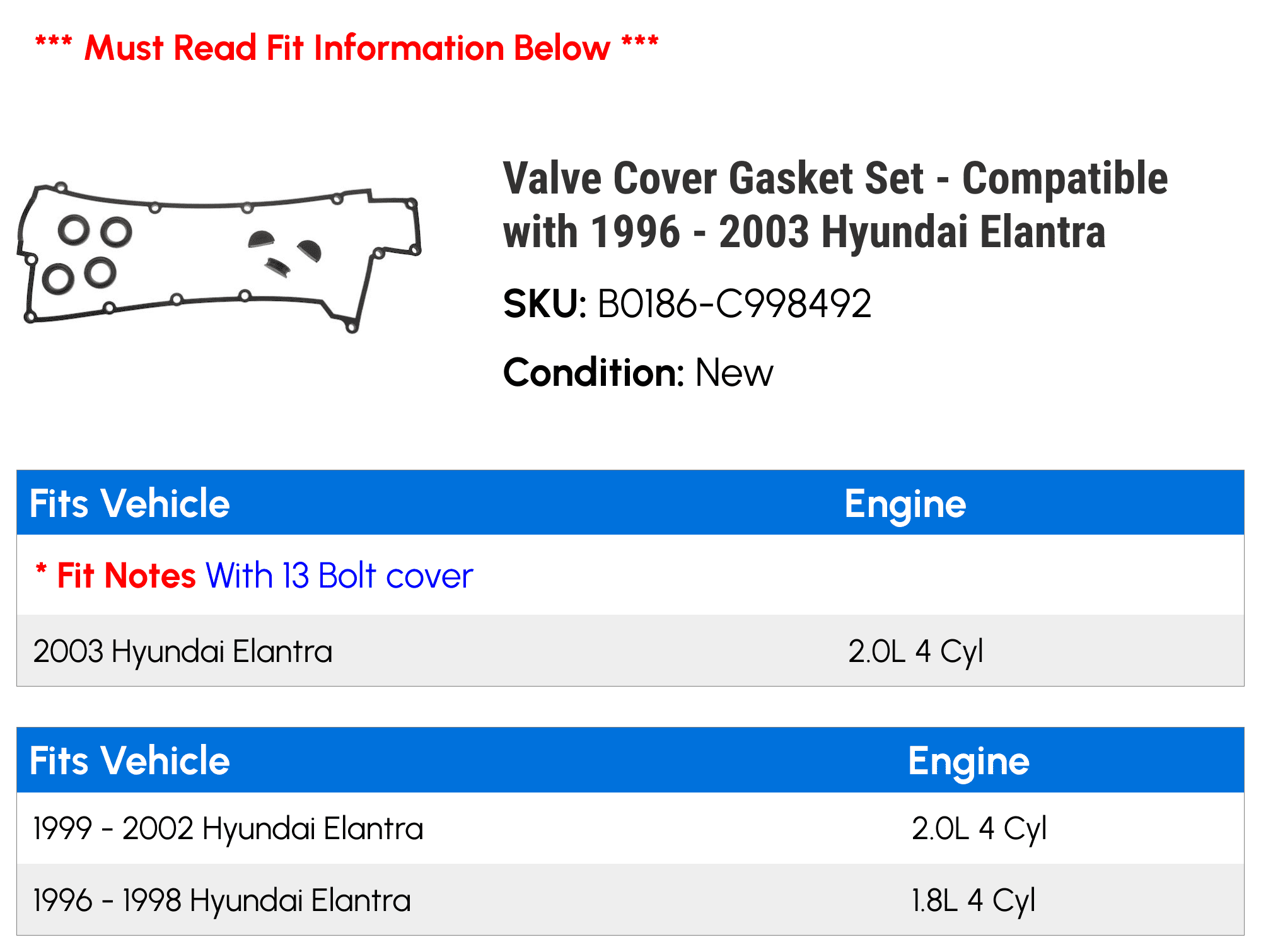 Valve Cover Gasket Set - Compatible with 1996 - 2003 Hyundai Elantra 1997 1998 1999 2000 2001 2002