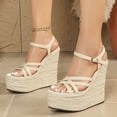 thumbnail image 2 of HEWUQI Wedges Sandals for Women Platform Espadrilles Open Toe Strappy Slingback High Heels Summer Wedding Prom Work Beach Dress Shoes Beige Size 8.5, 2 of 6