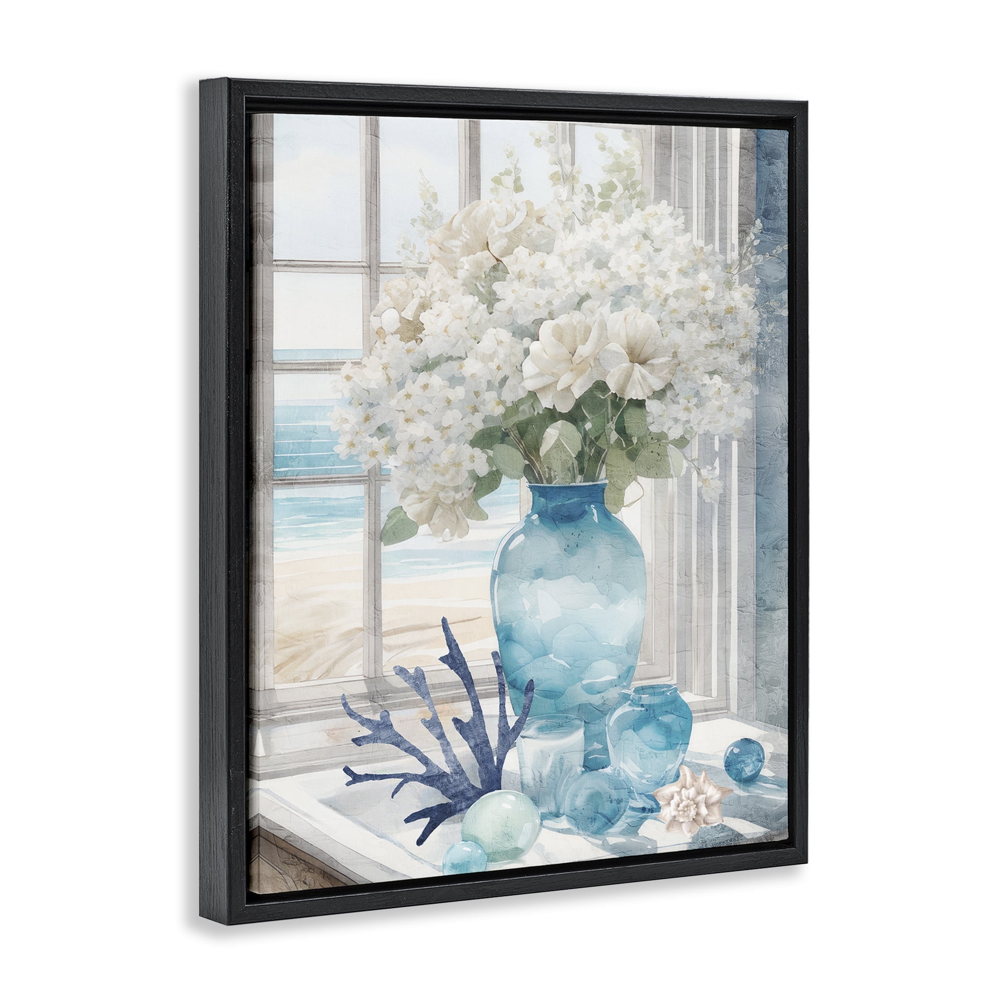 Stupell Industries Coastal Flower Vase Botanical & Floral Painting Black Floater Framed Art Print Wall Art, 25 x 31