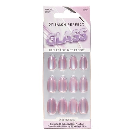 Salon Perfect Artificial Fake Press On Nails, 382 Glass Violet, Short Almond, File, Glue, and Prep Pad Included, 30 Nails