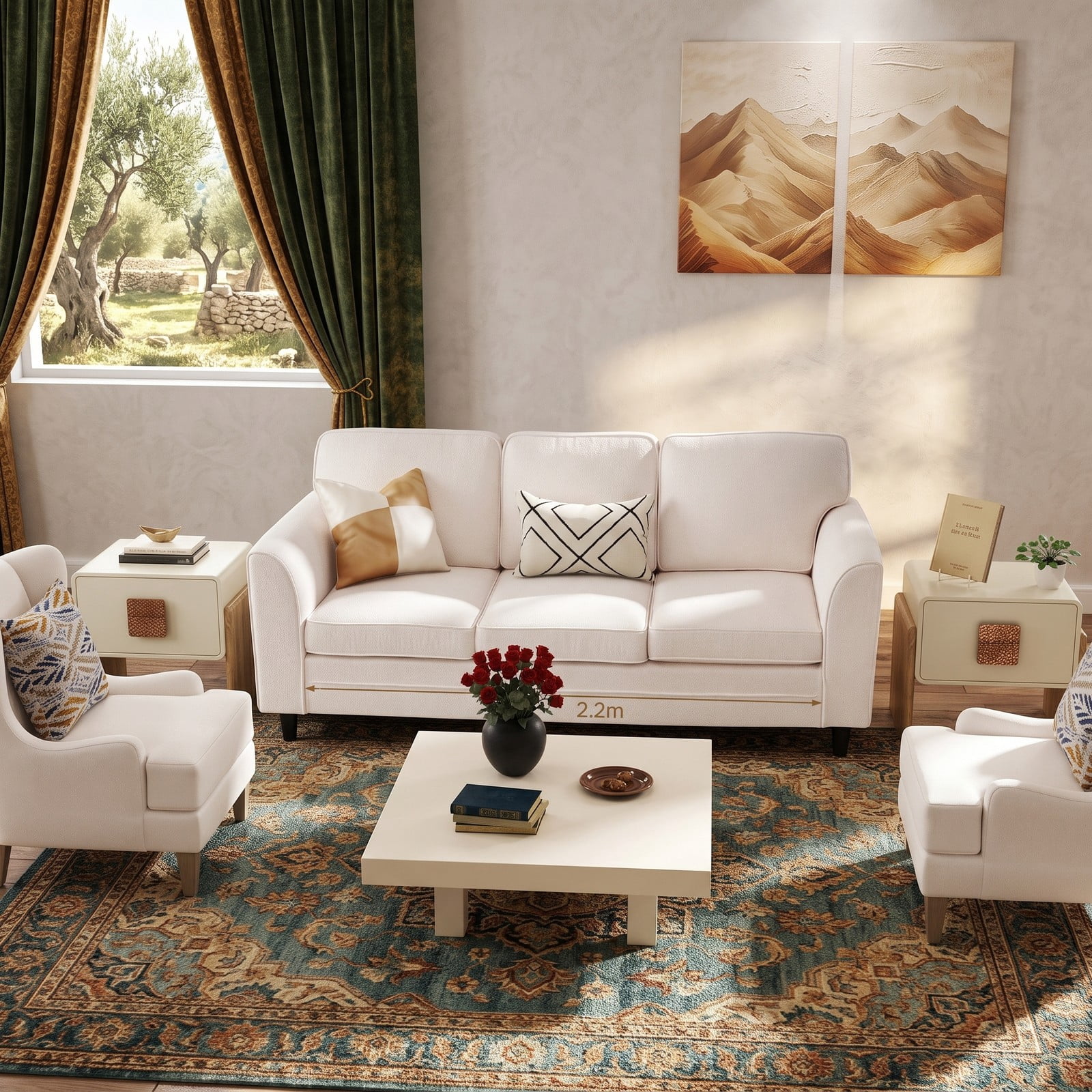 Furnibear Modern Teddy Velvet 3-Seat Sofa, Upholstered Couch with Comfy Back Pillows and S-Spring Support for Living Room Bedroom Office, 485 lbs Capacity, White