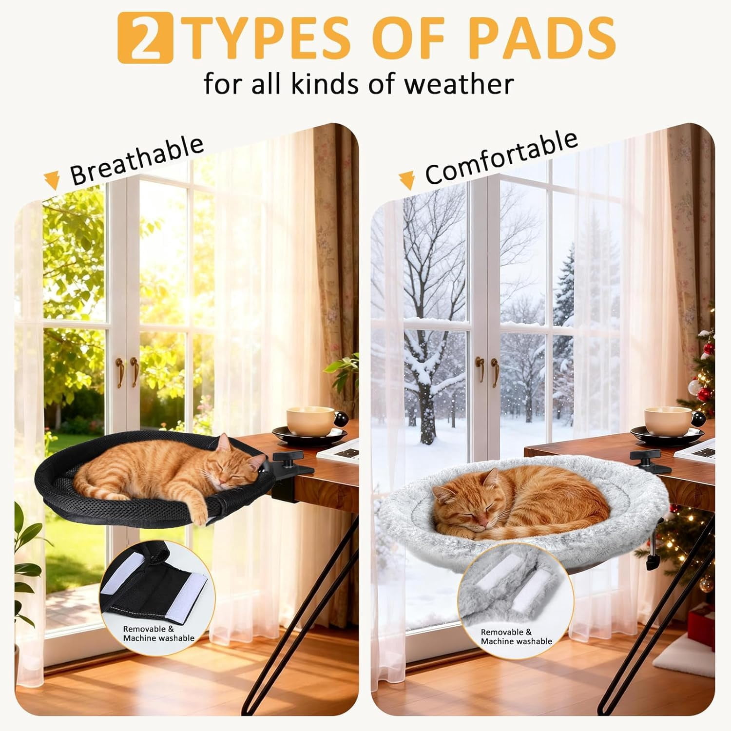 360° Rotating Cat Desk Hammock – Space-Saving Cat Perch with Clamp Mount, 2 Washable Pads, Supports up to 45 lbs
