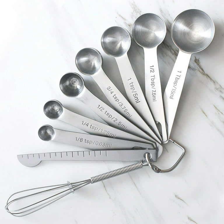 Elitra Home Measuring Cups and Spoons Set 13 Piece. Includes 10 Stainless Steel Measuring Spoons and 3 Plastic Measuring Cup, Silver