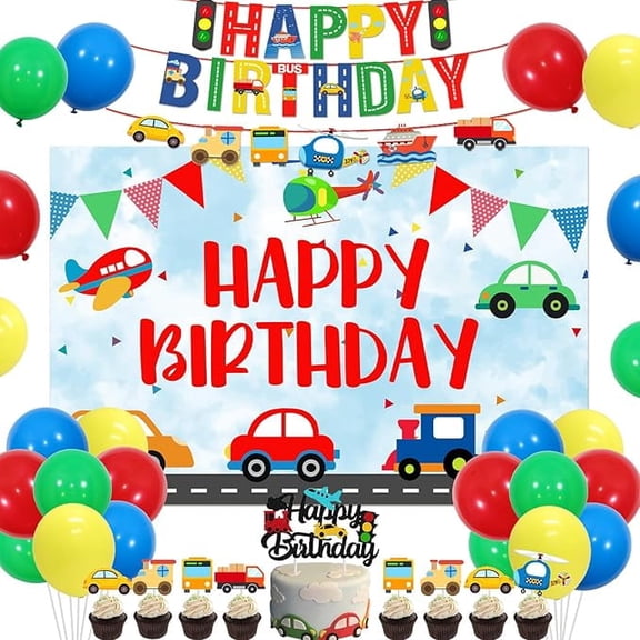 Transportation Birthday Decorations for Boys, Transportation Birthday Backdrop Banner, Vehicle Traffic Theme Cake Cupcake Toppers, Car Bus Train Airplane Party Supplies